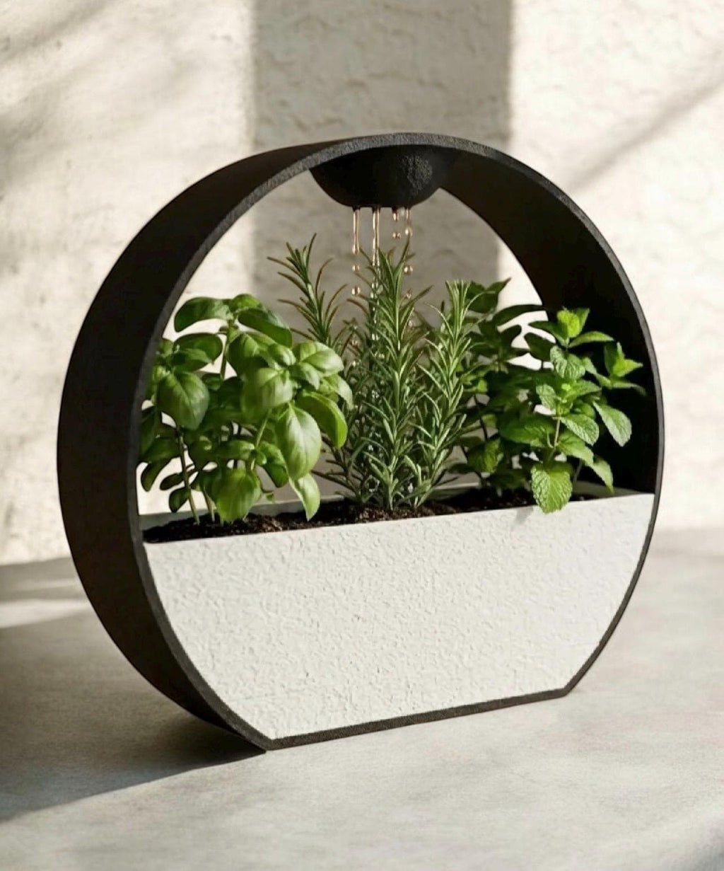 Pot de plante auto-arrosant avec irrigation goutte-à-goutte intégrée – Jardinière design moderne minimalist.